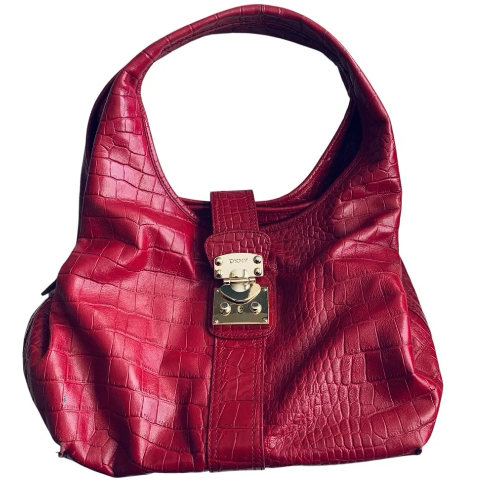 DKNY Red Croc-embossed Leather Hobo Shoulder Bag with Gold Tone Hardware